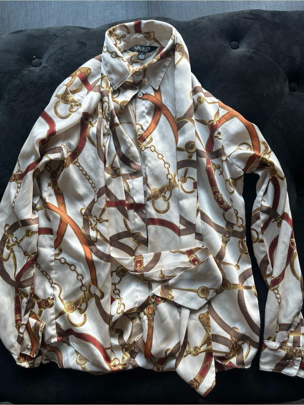 Ralph Lauren Cream Silk Blouse with Brown, Red & Gold Chain Print